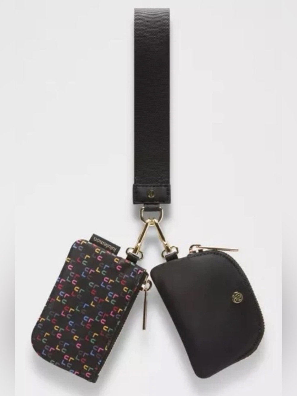 Lululemon Dual Pouch Wristlet Black Multi Logo Gold NWT